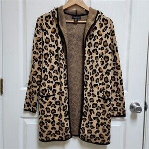 Rachel Zoe Cardigan Sweater Womens XS Leopard Print Pockets Open Long Hooded